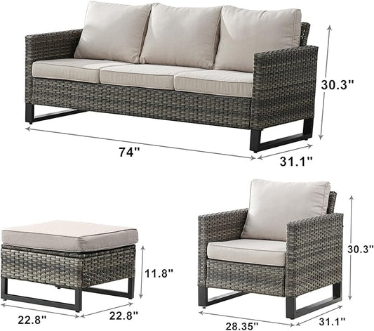 Rilyson Wicker Outdoor Patio Furniture Set - 5 Piece Patio Conversation Set with 2 Wicker Armrest Chairs,2 Rattan Ottoman and 1 Couch for Outside Porch Deck Backyard Garden(Mixed Grey/Beige)
