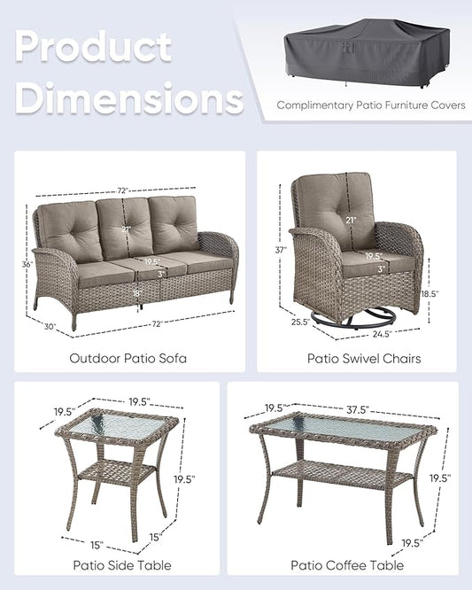5 Pieces Wicker Patio Furniture Set-Outdoor Swivel Rocker Patio Chairs Patio Sofa Set with Tempered Glass Top Outdoor Coffee Table for Deck Lawn Porch Balcony Poolside-Grey/Grey