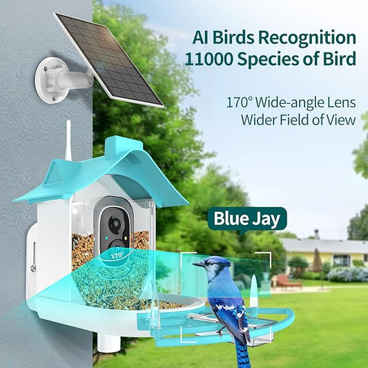 Bird Feeder with Camera, Smart Bird Feeder Camera with AI Identify Instant Notifications, FHD Live View,Birds Watching Camera with Solar Panel in Backyard, Ideal Gift for Family and Birds Lover,Blue