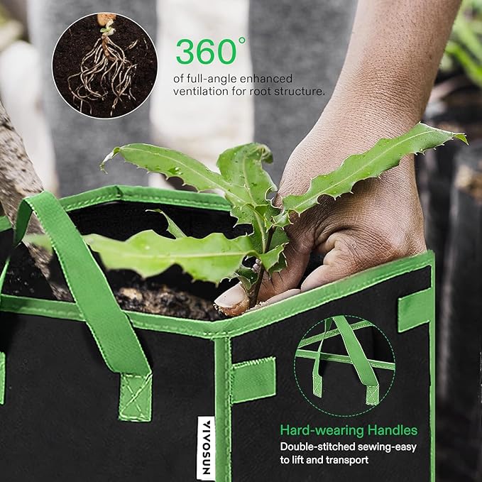 VIVOSUN 5 Pack 3 Gallon Square Grow Bags, Thick Nonwoven Cubic Fabric Pots with Handles for Indoor and Outdoor Gardening