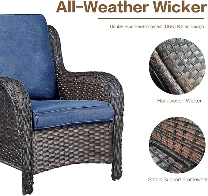 5 Pieces Outdoor Patio Furniture Conversation Set PE Rattan Wicker with a 3-Seater Sofa, 2 Armchairs, 2 Outdoor Ottomans for Yard Backyard (Brown/Navy Blue)