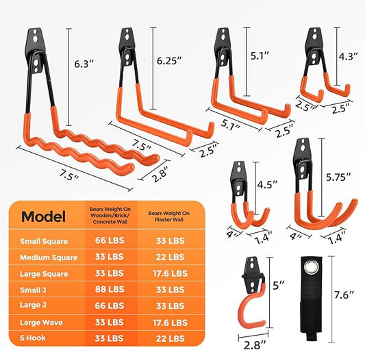 Garage Hooks 16 Pack Utility Steel Garage Storage Hooks with Anti-Slip Coating, Heavy Duty Mount Hooks for Hanging Bike, Ladder Garden Tool Organizer