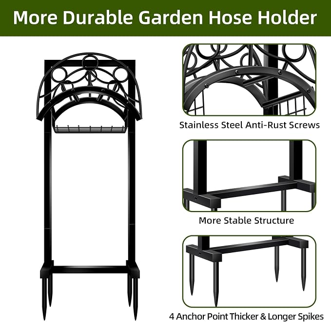 Garden Hose Holder – Detachable Water Hose Holders Stand, Holds 160-Feet Hose, Freestanding Metal Hose Storage Hanger Rack with Storage Basket for Outside Yard Lawn Farm