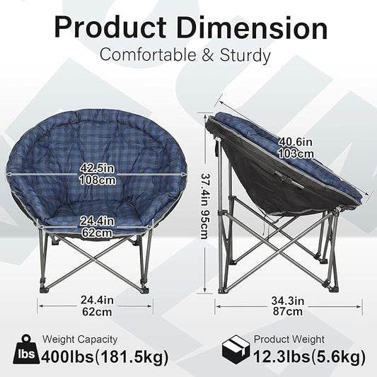 Oversized XXL Folding Round Camping Chair,Super Comfy Padded Moon Camp Chairs,Heavy Duty Supports 200 Kg Outdoor Lawn Chairs for Adults,Perfect for Indoor,Family Camping,Hiking,Picnics and Garden