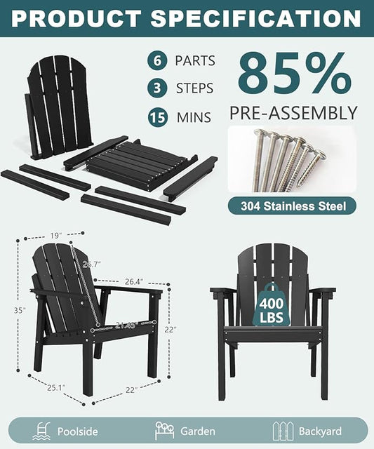 Adirondack Chair Set of 4, All Weather HDPE Fire Pit Chairs, Oversized Plastic Adirondack Chair for Outdoor, Balcony, Deck, Backyard, Patio, Garden, Poolside, Lawn Black