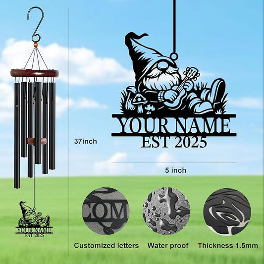 Personalized Customize Name Gnome Wind Chime, Metal Iron 37 Inch Outdoor Memorial Gift for Garden Yard Patio Home Decor, Black,Christmas (Style B)