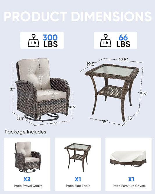 3 Pieces Patio Bistro Set Outdoor Swivel Rocker Patio Chairs with Side Table Patio Furniture for Deck Porch Garden Balcony Poolside-Brown/Beige