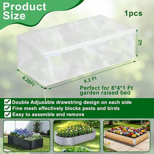 1 Pack Garden Netting for Raised Beds, Fine Mesh Bird Netting Barrier Screen with Zipper Drawstring Garden Bed Plant Cover for Protect Vegetable Fruits Crop from Animals Pest Insect, 8.2×4.3×2Ft
