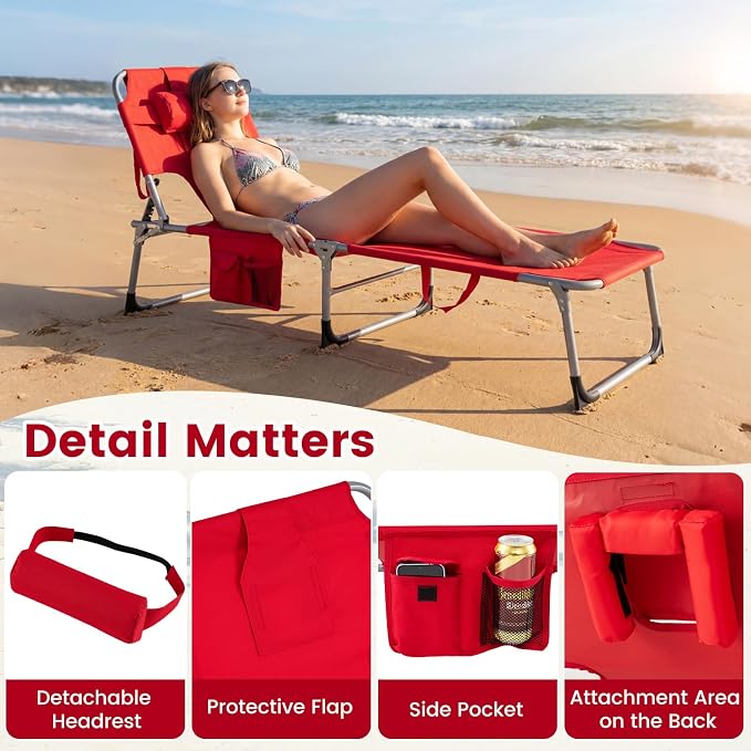 COSTWAY Tanning Chair with Face Hole, Folding Beach Lounge Chair with 4-Position Adjustable Backrest, Pillow & Side Pocket, Foldable Chaise Lounge Chair Outdoor for Sunbathing, Camping (1, Red)