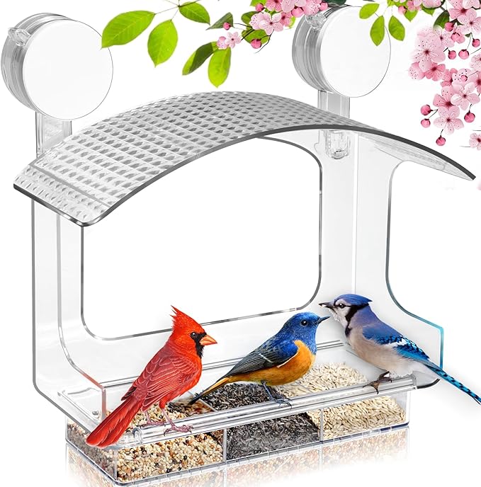 Gbekery Window Bird Feeder with Strong Adhesive Suction Cups, Clear Bird Feeders for Window Viewing, Acrylic Window Bird Houses for Viewing Inside, Suction Bird Window Feeder for Cats