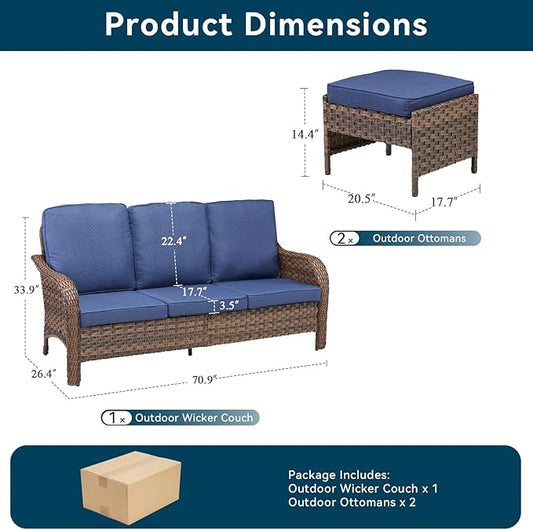 All Weather Wicker Patio Couch Set, Modern 3-Seater PE Wicker Outdoor Sofa Set with 2 Ottomans, All-Weather Thick Cushions & Curved Backrest for Patio Balcony Deck (Blue/Brown