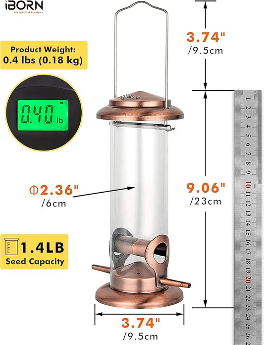 iBorn Metal Bird Feeder Hanging Wild Bird Feeders for Mix Seed Blends Heavy Duty All Metal Finishing, Copper Finish, 9 Inch 2 Port (Seed is not Included)