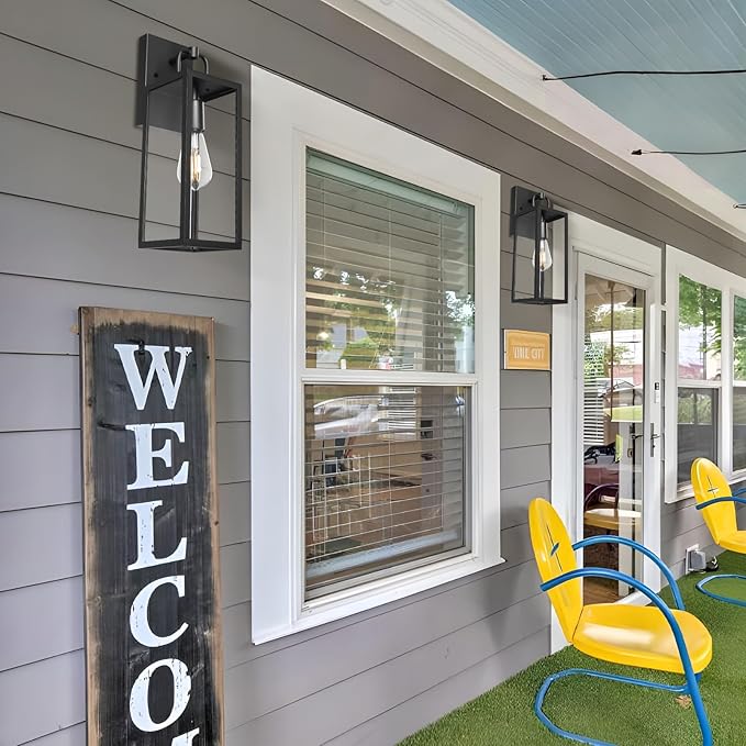 Outdoor Wall Sconce Lights, 16 Inch Tall Transitional Exterior Wall Light Fixtures with Clear Glass, Anti-Rust Modern Black Outside Lanterns Lamps for House Front Porch Doorway Patio, 2 Pack