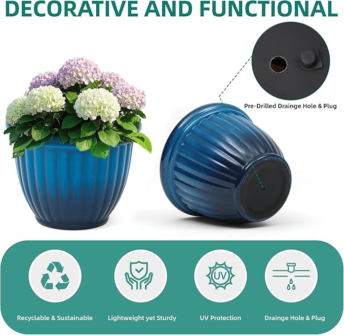 15" Outdoor Large Flower Pots (Set of 2), Gradient Blue Plastic Planters with 3D Texture, Weather-Resistant for Garden, Patio, Porch or Indoor Use