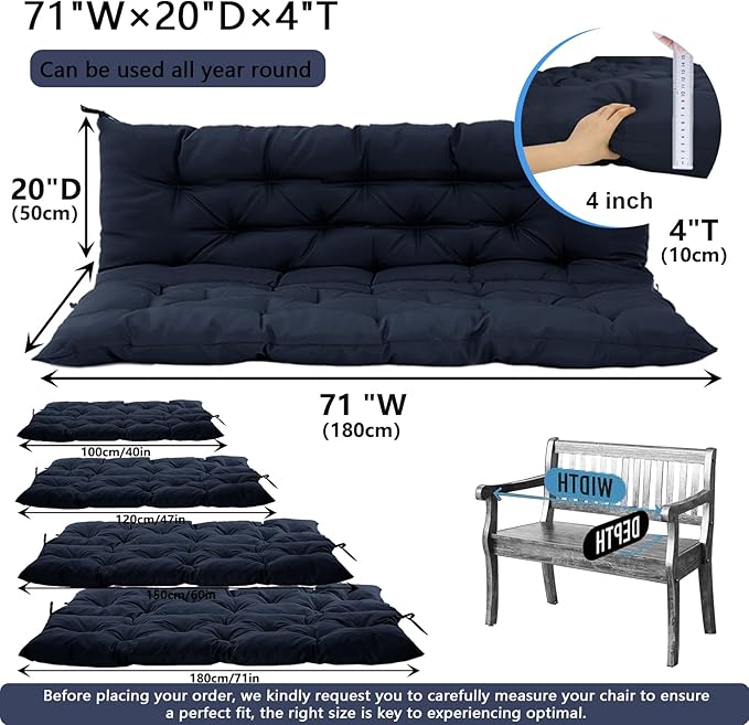 Outdoor Swing Cushions 3 Seater Waterproof, Replacement Bench Cushions for Outdoor Patio Furniture with Backrest, Porch Swing Cushion with Ties for Lawn and Garden (Navy Blue, 40x71in)