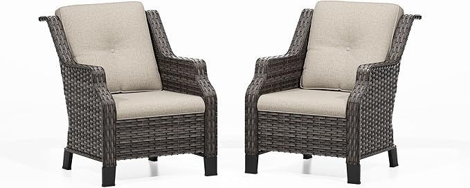 Patio Chairs Set of 2 Rattan Chair Patio Furniture Set with Thick Cushions and All-Weather PE Wicker for Garden, Patio and Porch, Beige