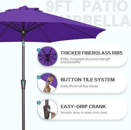 PatioKingdom 9FT Patio Outdoor Umbrella-UPF 50+ Sun Shade with Wind Vent, Push-Button Tilt & Smooth Crank Lift, Rust-Resistant Fiberglass Frame for Garden, Backyard,Yard (Dark Purple, 9FT)