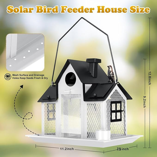 Solar Bird Feeders House Outside Hanging Metal Wild Bird Feeder Outdoors Large Cardinal Bird Feeder Birdhouses Squirrel Proof White