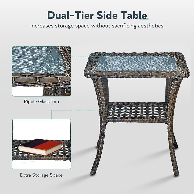 Outdoor Swivel Glider Rocker Chairs Set- 5 Piece Patio Furniture Set, Patio Bistro Sets with Tempered Glass Side Table and 2 Ottoman, for Balcony, Porch - Brown Wicker, Beige Cushion