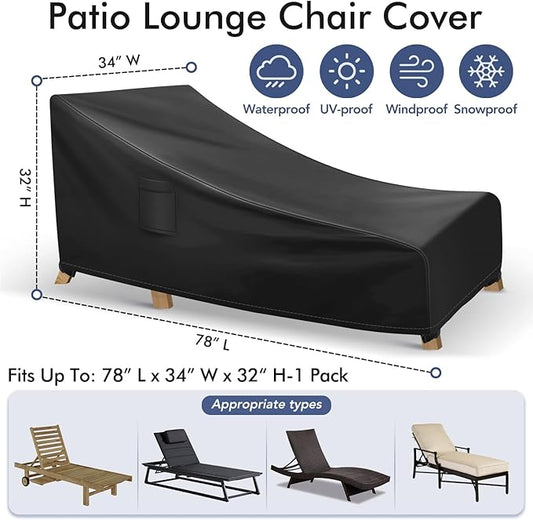 Chaise Lounge Covers Outdoor Waterproof, Heavy Duty Patio Furniture Covers, Fits up to 78L x 34W x 32H inches, 1 Pack, Black