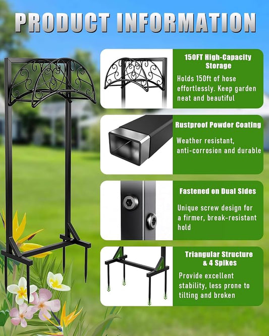 Heavy Duty Garden Hose Holder Freestanding, Metal Water Hose Holders for Outside with 4 Spikes, Rustproof Outdoor Hose Stand Holds 150FT, Free Standing Hose Storage Hanger for Yard Lawn