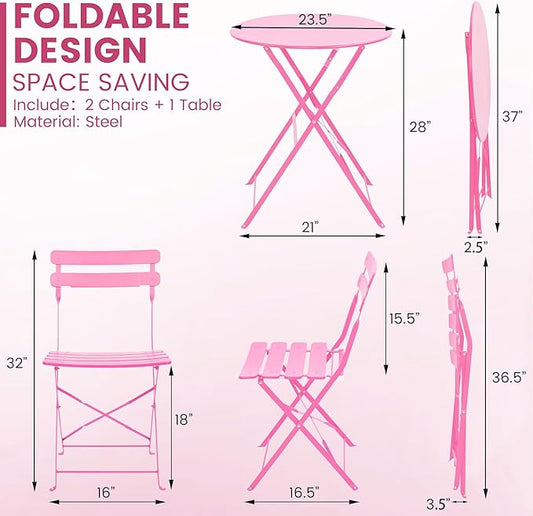 Kromax Outdoor 3 Piece Patio Bistro Set, Folding Bistro Table and Chairs Set of 2, Space Saving, Foldable Coffee Tables for Balcony or Garden, Pink