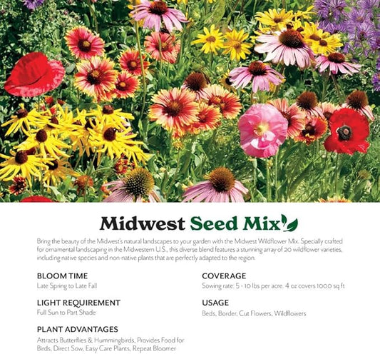 Grow Your Own Vibrant Annual and Perennial Wildflower Garden Seeds Mixture, Varieties for Pollinators and Spring Gardens - Midwest Regional Mix, 1/4 lb