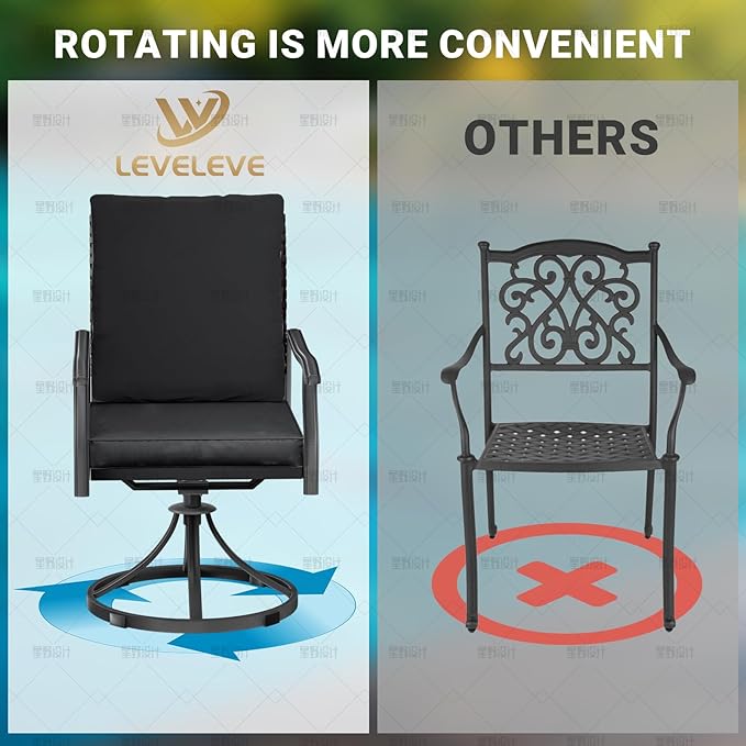 LEVELEVE 5 Piece Outdoor Patio Dining Set with 4 Swivel Dining Chairs & 1 Large Round Dining Table,Bistro Furniture Set for Lawn, Garden, Deck, Backyard and Porch