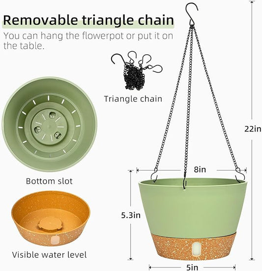 QCQHDU 2 Pack Hanging Planters for Indoor Outdoor Plants, 8 Inch Hanging Baskets Flower Pots with Reservoir Tray & Visible Water-Level