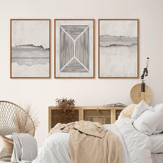 CHDITB Modern Abstract Canvas Wall Art, Neutral Framed Art Prints, Black Beige Large Wall Painting, Geometric Line Textured Minimalist Wall Decor for Living Room Bedroom Dining Room Office 24"x36"x3
