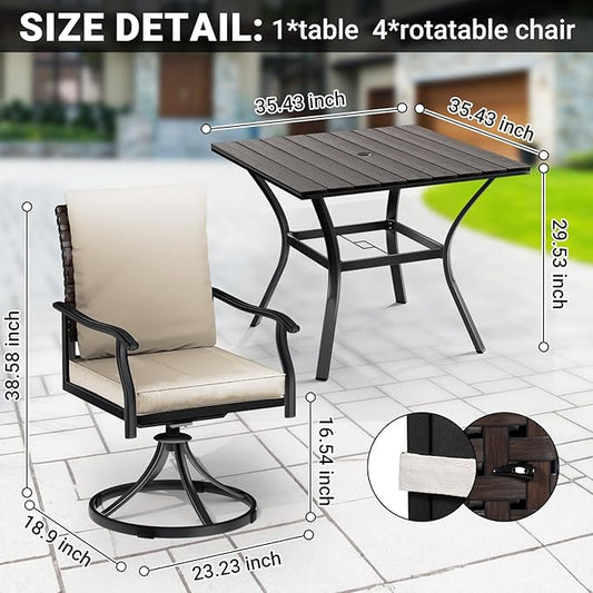 LEVELEVE 5 Piece Outdoor Patio Dining Set with 4 Swivel Dining Chairs & 1 Large Round Dining Table,Bistro Furniture Set for Lawn, Garden, Deck, Backyard and Porch