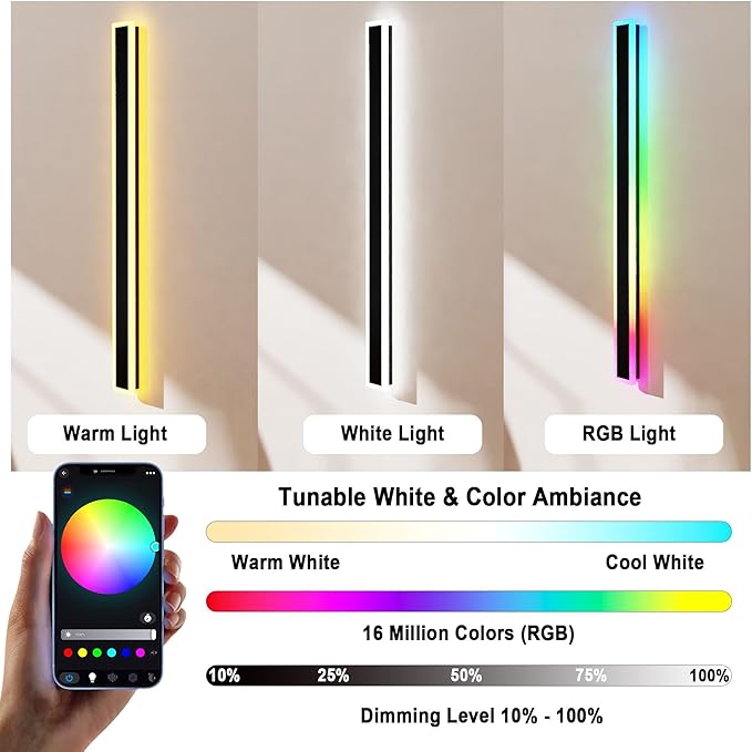2PCS 47" RGBW LED Long Wall Light Outdoor, Black Led Wall Sconces, IP66 Waterproof Lighting, Exterior Light Fixtures Wall Mount, Suitable for Courtyard/Exterior Wall/Patio