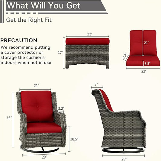 4 Piece Patio Furniture Set, 2 Swivel Glider Chairs and 2 Ottomans PE Wicker Footstool, Outdoors Rattan Conversation Set with Deep Seating and Olefin Cushions, for Backyard, Garden, Red