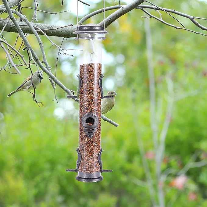 MIXXIDEA 1PK Metal Wild Bird Feeder,Squirrel Proof Bird Feeders for Outside,Hanging 6 Port Tube Bird Feeder Transparent Finch Bird Feeder for Attracting Birds in Your Lawn, Garden, Balcony-Gray