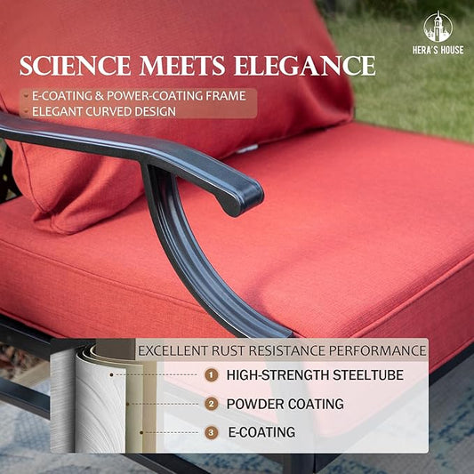 HERA'S HOUSE 5 Pieces Patio Furniture Set, 2 x Rocking Chair, 2 x Ottoman, 1 x 3-Seat Sofa, All Cushioned 7 Seats Metal Outdoor Conversation Set for Lawn Garden Backyard