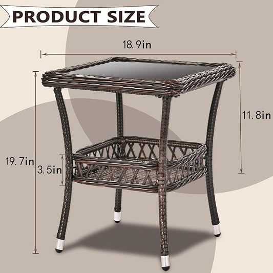 Outdoor Side Table Wicker Outdoor End Table for Patio Outside Brown Patio Coffee Square Tables with Storage & Glass Top for Backyard Porch