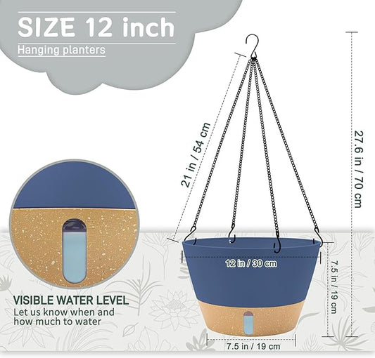 ZMTECH 12 Inch Hanging Planters for Indoor Plants, 1 Pack Self Watering Hanging Planter with Visual Reservoir, Hanging Pots for Plants Outdoor with Drainage Hole and Plant Hanger(1 Pack, Blue)