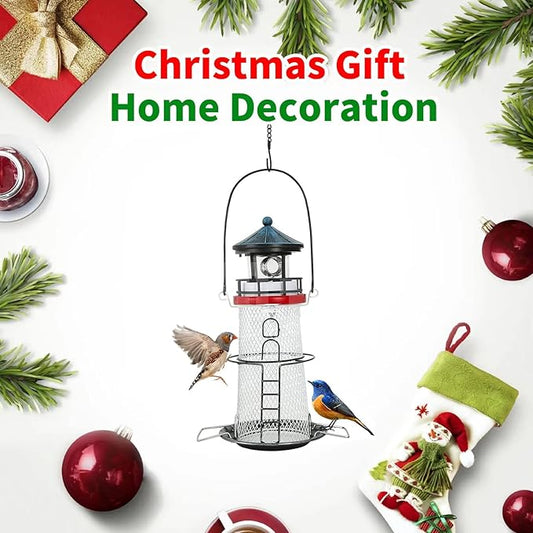 Solar Bird Feeder Lighthouse Hanging Outdoor Birdfeeder Garden Lantern Waterproof LED Lights Backyard DΓ©cor Patio Gifts for Bird Lovers (A-Lighthouse, White)