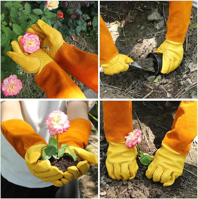 Thorn Proof Gardening Gloves for Men & Women, Long Cowhide Leather Rose Pruning Gloves with Forearm Protection, Puncture Resistant Gauntlets for Cacti, Blackberries & Yard Work(Butter Yellow,XS)