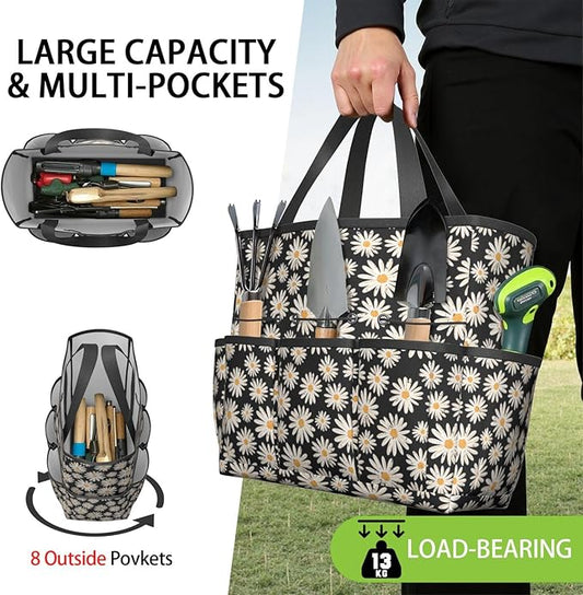 Daisy Flowers Garden Tool Bag - Waterproof Garden Tote with 8 Pockets, Large Storage Home Organizer Gardening Tool Oxford Bag for Garden Tools Kits Holder, Ideal Outdoor Gardening Gift for Women & Men