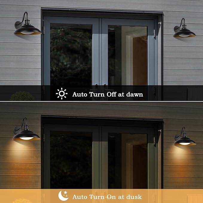 Dusk to Dawn LED Outdoor Barn Lights, 16 Inch Large Farmhouse Exterior Wall Light Fixtures with Adjustable Color Temperature, Modern Black Gold Porch Lights Outside for House Garage Doorway