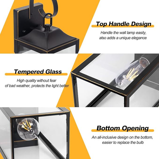 19" Large Outdoor Wall Light, Black Outside Light for House Outdoor Sconce Wall Lighting Fixture, Farmhouse Exterior Wall Mount Lantern for Porch, Waterproof Glass Patio Lamp, Black with Gold Trim