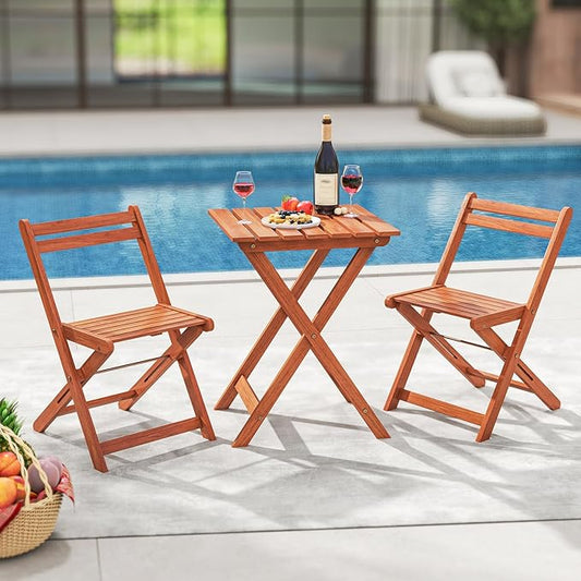 HAPPYGRILL 3 Piece Outdoor Wood Bistro Set, Solid Wood Furniture Set w/ 2 Folding Chairs & Dining Table, Slatted Seat & Tabletop, Patio Dining Set for Backyard, Poolside