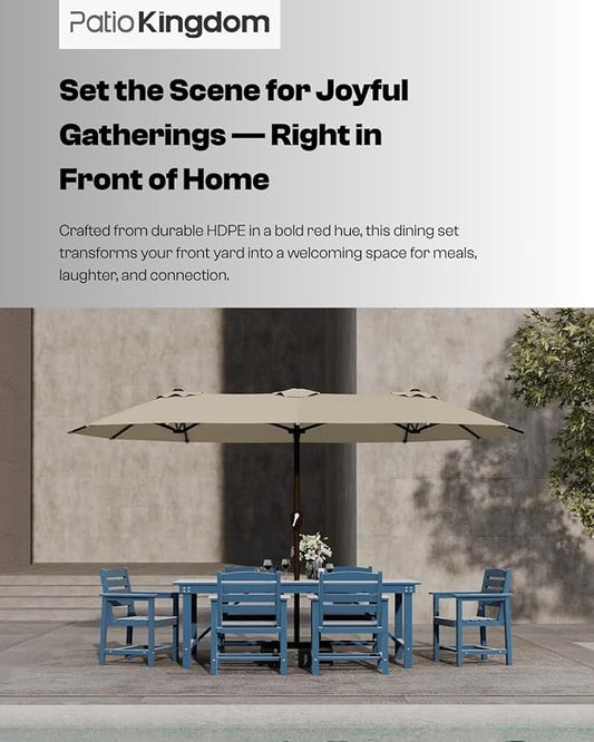 7-Piece Navy Blue HDPE Patio Table and Chairs Set, Weather Resistant Outdoor HDPE Dining Table Sets with Umbrella Hole for Lawn, Garden, Deck, Poolside, Balcony