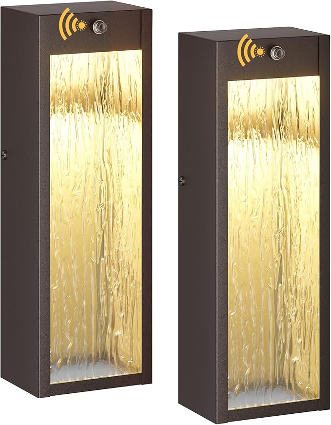 Dusk to Dawn LED Outdoor Wall Light 2 Pack, Bronze 15in Exterior Waterproof Porch Sconces, Large Modern Water Rippleed Outdoor Lighting Wall Mounted Outside Lantern for Garage Front Door
