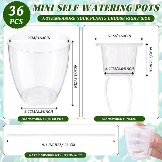 36pcs Self Watering Pots, Plastic Plant Pot with Inner Pot Self Watering Wick Planter pots for Indoor House Plants, Flowers, Succulents (3.5inch,Transparent)