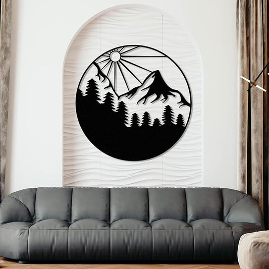 Sunlit Mountain Forest Landscape Metal Wall Art, Round Nature-Inspired Decor for Living Room, Bedroom, Patio, or Outdoor Spaces, Minimalist Pine Tree and Mountain Scenery Design, Rustic Home Accent for Nature Lovers (24 x 24 inches)