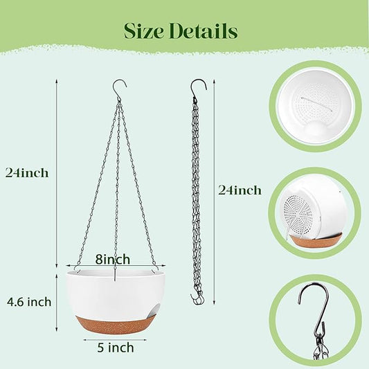 Set of 4-8 Inch Self Watering Hanging Planters for Indoor Outdoor,Hanging Plant Pots with Drainage & Removable Tray, Hanging Pots Holder for Ivy, Pothos, Ferns, Balcony & Patio, White Brown