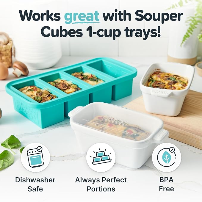 Souper Cubes Ceramic Baking Dishes - 5" x 3" Individual Baking Dishes for Oven with Silicone Lids, Oven, Microwave and Air Fryer Safe, Perfect for Reheating Single Serve Meals, Set of 4 - White