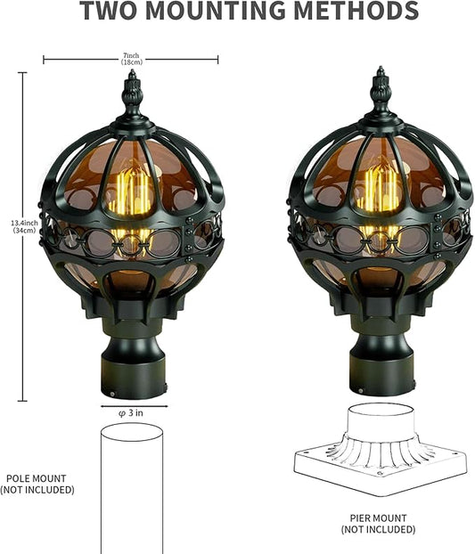 Globe Outdoor Lamp Post Lights for Driveway Yard Patio Garden, Aluminum Waterproof Exterior Pier Mount Lamp, Round Pole Lantern Outside Lawn Post Lighting Fixtures for 3" Pole Fence Deck, 2 Pack
